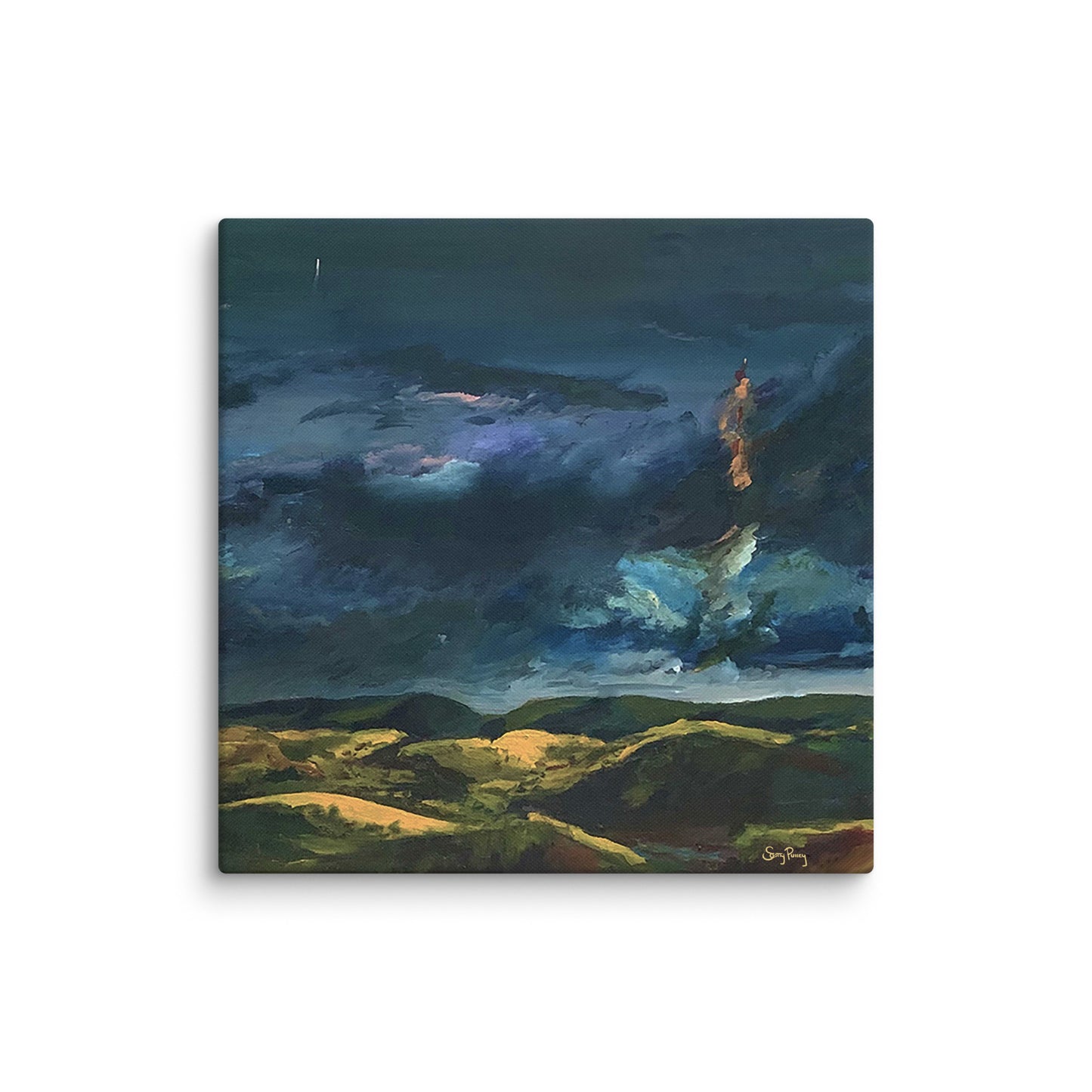 Oil painting reproduction of a Texas thunderstorm over rolling hills — swirling indigo clouds and golden terrain, by Scotty Pulley, 36x36 inch canvas.