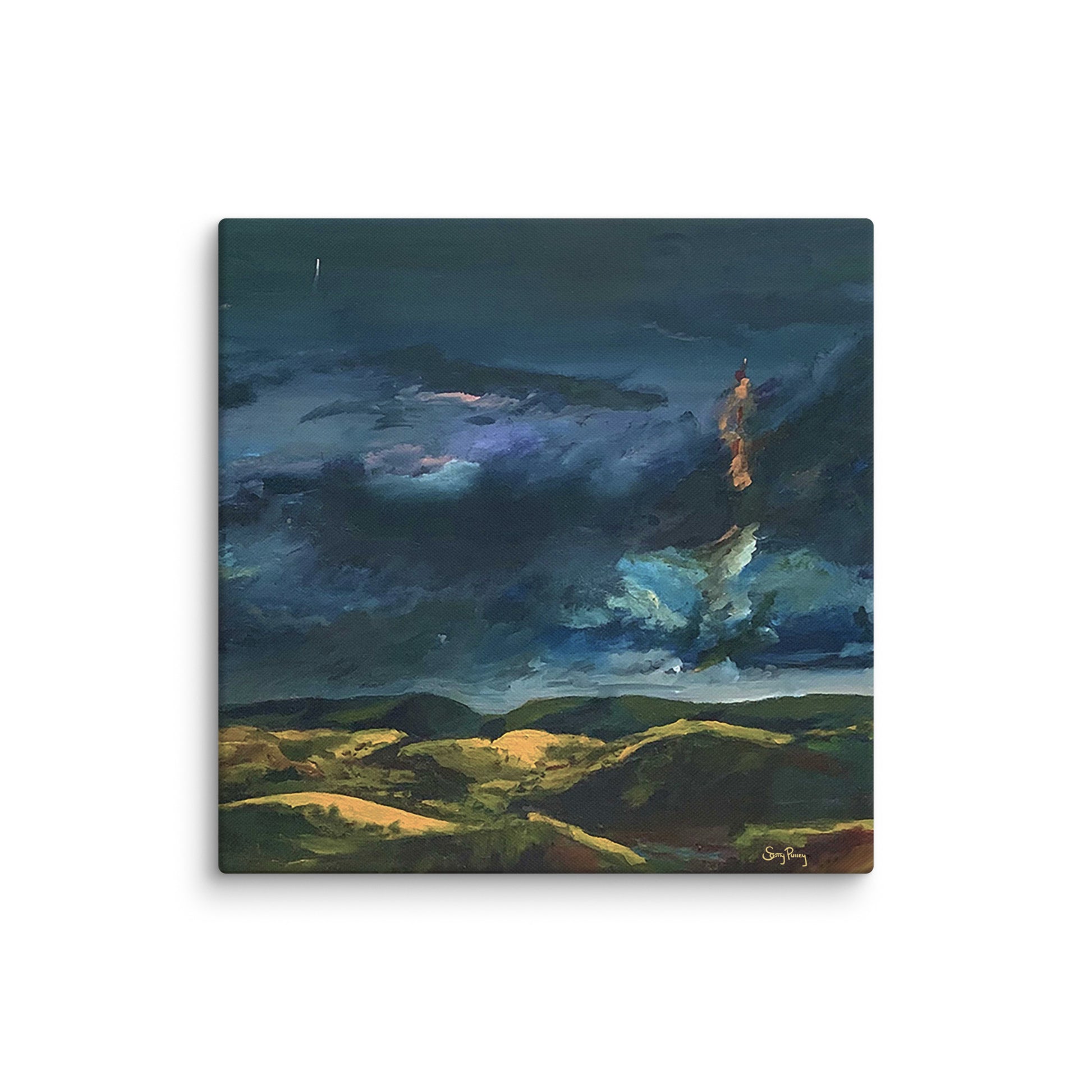 Oil painting reproduction of a Texas thunderstorm over rolling hills — swirling indigo clouds and golden terrain, by Scotty Pulley, 36x36 inch canvas.